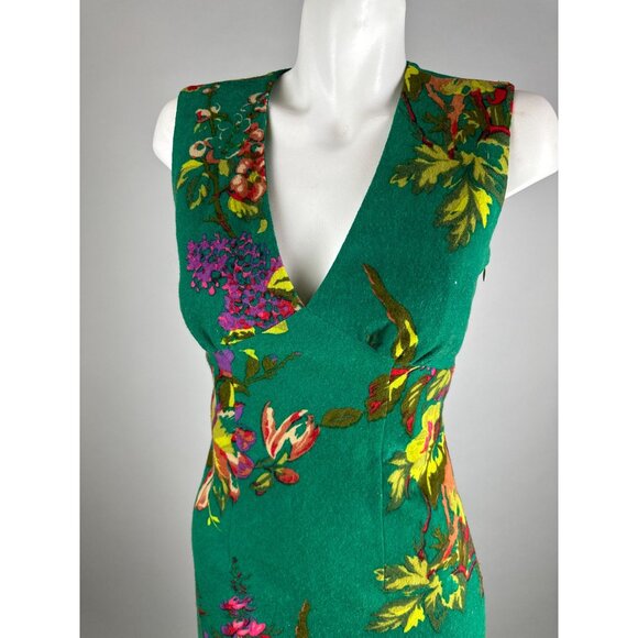 Vtg 90s Paul & Joe Wool Dress Green Belt Floral Sheath V-Neck Womens Size Medium - Picture 5 of 6